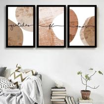 Quadro decorativo 3 peças 40x60 gratidão fé amor geométrico abstrato moderno em tons de marrom