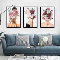 Quadro decorativo 3 peças 40x60 moderno estiloso abstrato mulheres flores rosas para sala quarto