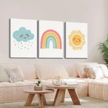 Quadro Decorativo 3 peças 40x60 sol nuvem arco íris colorido decoração quarto infantil bebê criança