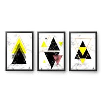 Quadro Decorativo 3 peças 60x40 C/ Moldura Geométrico Triângulos amarelo - x4adesivos