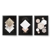 Quadro Decorativo 3 peças 60x40 com Moldura Geométrico Triângulo C/ Vidro - x4adesivos