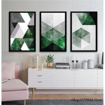 Quadro Decorativo 3 Peças Abstrato Geométrico Tons De Verde