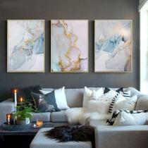 Quadro decorativo 3 peças abstrato marmorizado tons azul e rose - Ana Decor