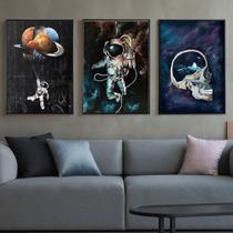 Quadro decorativo 3 peças astronauta foguete lunático para sala quarto
