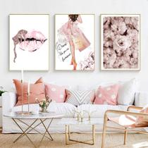 Quadro decorativo 3 peças decoração para loja de roupas femininas tons rosa - Ana Decor