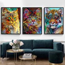 Quadro decorativo 3 peças felinos gatos fantasiados coloridos decoração