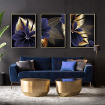 Quadro decorativo 3 peças folhas azul e dourado floral moderno decoração - Ana Decor