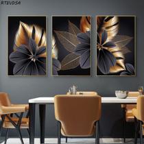 Quadro decorativo 3 peças folhas plantas moderna dourada e preto decoração novidade - Ana Decor