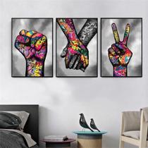 Quadro decorativo 3 peças mãos gestos grafiti arte moderna decoração colorida - Ana Decor