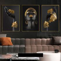 Quadro decorativo 3 peças Mulher africana de jóias de ouro mulher arte para sala estar quarto