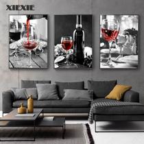 Quadro decorativo 3 peças taças e vinho tinto area gourmet bebidas decoração