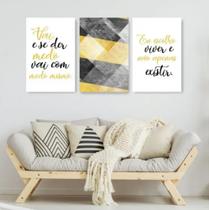 Quadro Decorativo 3 Telas Felicidade Viver Cinza E Amarelo"