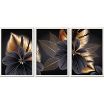 Quadro Decorativo 3 Telas Folhas Douradas Diversos Tamanhos Preto