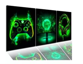 Quadro Decorativo 3 Telas gamer jogos em verde"