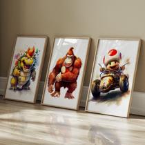 Quadro Decorativo 3 Telas Jogos Mario Bowser Toad Kart Donkey Kong Pintura Aquarela Diversos Tamanho Preto