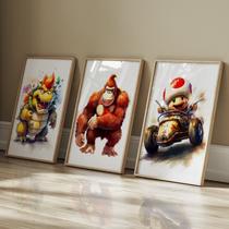 Quadro Decorativo 3 Telas Jogos Mario Bowser Toad Kart Donkey Kong Pintura Aquarela Natural