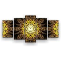 Quadro Decorativo 5 Peças Flor Simétrica Ouro Amarelo