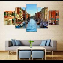 quadro decorativo 5 peças modelo cidade lagoa
