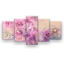 Quadro Decorativo 5 Peças Pintura Flores Lilás E Rosa