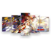 Quadro Decorativo 5 Peças Pintura Mulher Violoncelo Música