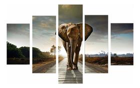 Quadro Decorativo 5 Peças Sala Quarto Elefante Na Estrada