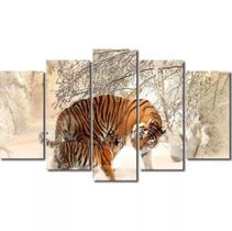 quadro decorativo 5 telas Tigre Na Neve "