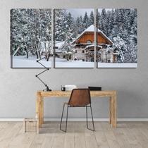 Quadro Decorativo 55x110 neve na cabana de madeira