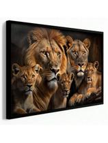 Quadro Decorativo 60x40cm Leão e Leoa 3 Filhotes Família Arte