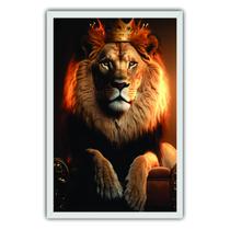 Quadro Decorativo 90x60 Moldura de Madeira Leão Coroa de Rei Quadro Decorativo 90x60 Moldura de Madeira Leão Coroa de Rei