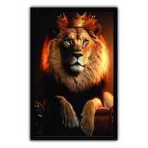 Quadro Decorativo 90x60 Moldura de Madeira Leão Coroa de Rei