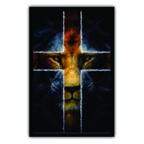 Quadro Decorativo 90x60 Moldura Madeira Leão Cruz de Cristo