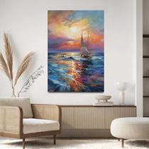 Quadro Decorativo 90x60 Para Sala Quarto Hall Barco Arte Por do Sol Pintura