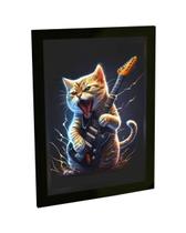Quadro Decorativo A4 Engraçado Gato Tocando Guitarra Rock Metal