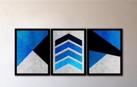 Quadro decorativo abstrato azul 3 peças 120x60