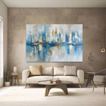 Quadro Decorativo Abstrato Azul E Dourado Moderno Sala Tecido Canvas