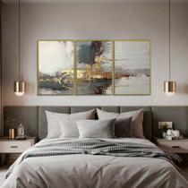 Quadro Decorativo Abstrato Cinza Com Dourado Kit 3 Quadros