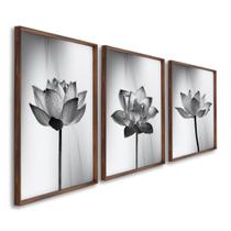 Quadro Decorativo Abstrato Flor de Lótus Preto e Branco com 3 Telas de Parede para Sala Quarto Escritório