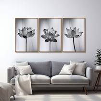 Quadro Decorativo Abstrato Flor de Lótus Preto e Branco com 3 Telas de Parede para Sala Quarto Escritório