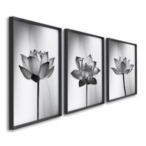 Quadro Decorativo Abstrato Flor de Lótus Preto e Branco com 3 Telas de Parede para Sala Quarto Escritório