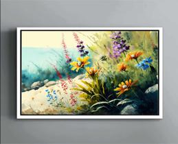 Quadro Decorativo Abstrato Flores Jardim Canvas Moldura Filete