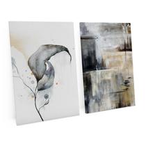 Quadro Decorativo Abstrato Folha e Textura em Tons de Cinza Kit 2 Telas Grande 120x80 cm - Bimper