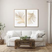 Quadro Decorativo Abstrato Folha Tropical Dourada com 2 telas para Sala Quarto Escritório