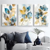 Quadro Decorativo Abstrato Folhas Dourada Azul Kit 3 Peças