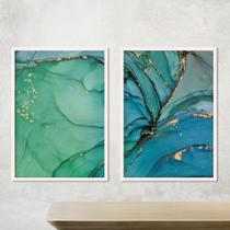 Quadro Decorativo Abstrato Tons Claros Verde e Azul Moldura Caixa Sala Quarto Escritório