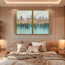 Quadro Decorativo Abstrato Verde e Dourado Kit 2 Quadros