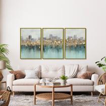 Quadro Decorativo Abstrato Verde e Dourado Kit 3 Quadros