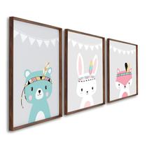 Quadro Decorativo Amigos da Natureza Infantil com 3 Telas 60x90cm para Quarto Sala Brinquedotec Sem Vidro