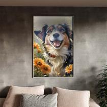 Quadro Decorativo Animais Cachorro Feliz Com Moldura e Vidro Prata - 150x100 cm