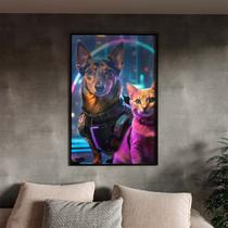 Quadro Decorativo Animais Cão e Gato Futurista Com Moldura e Vidro Preto - 120x80 cm