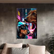 Quadro Decorativo Animais Dois Dachshund Cyberpunk Com Moldura Prata - 90x60 cm